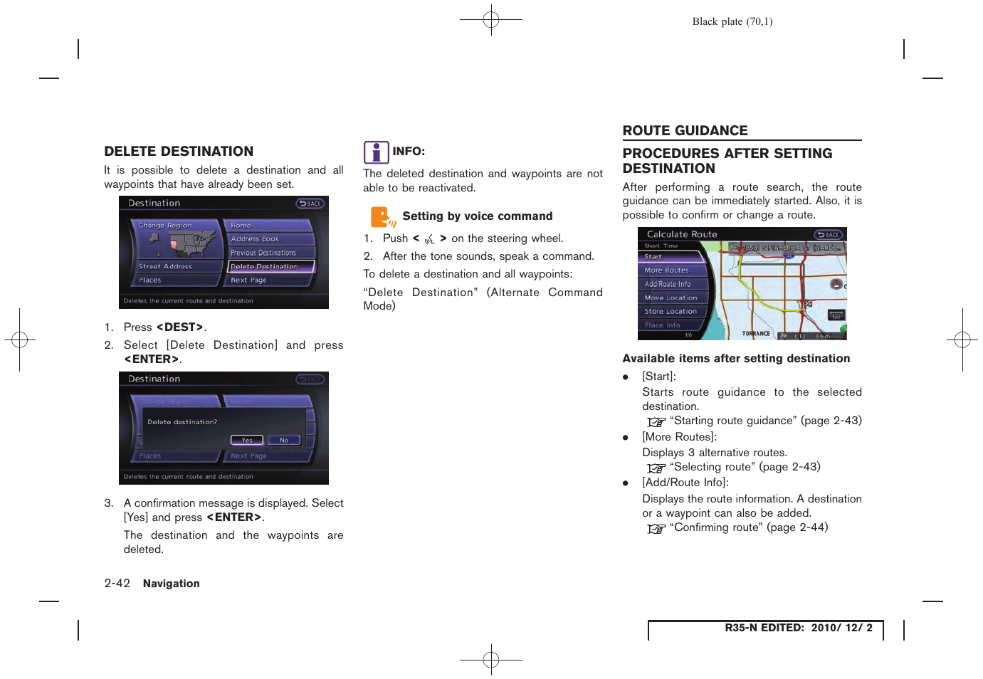 Delete destination, Route guidance, Procedures after setting destination | Delete destination -42, Route guidance -42, Procedures after setting destination -42 | NISSAN 2012 GT R - Multi Function Display Owner's Manual User Manual | Page 70 / 307