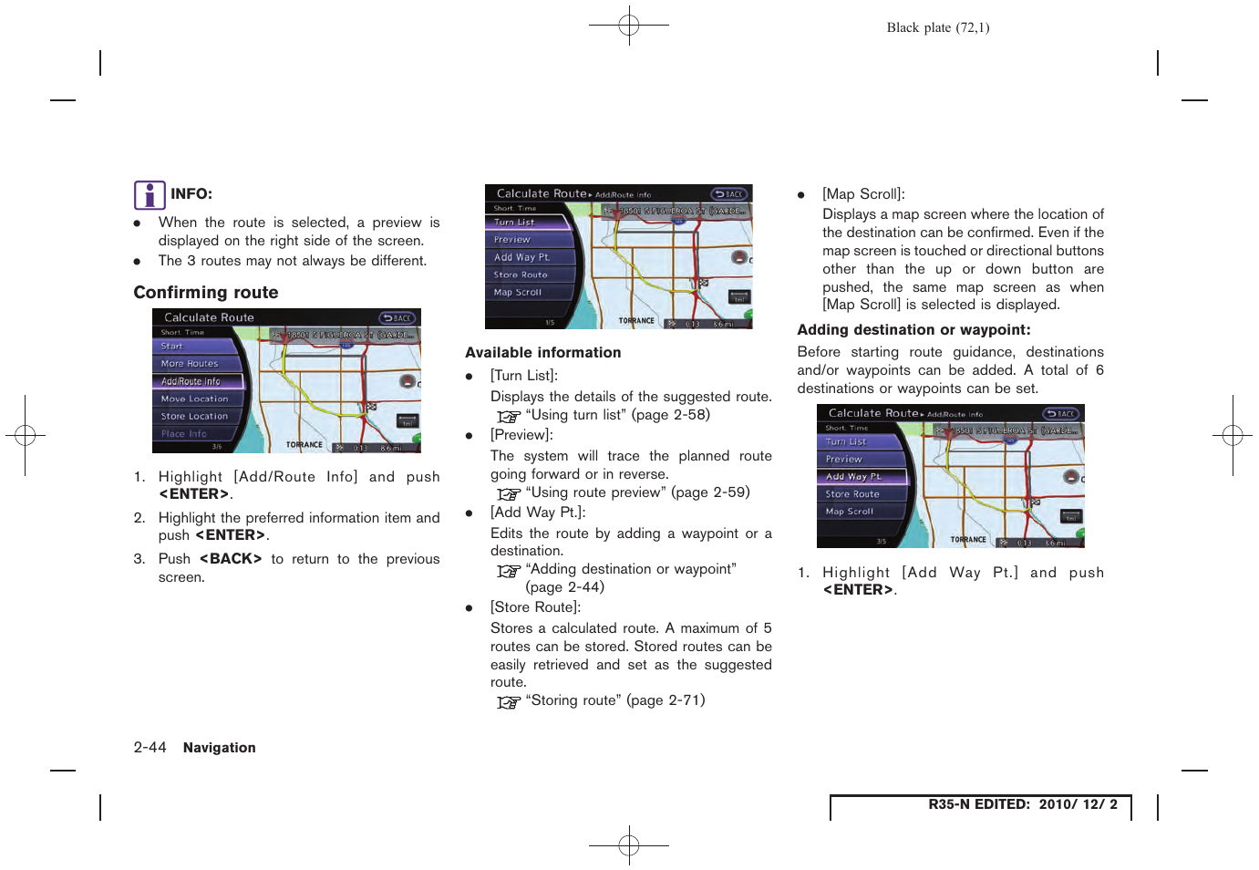 Confirming route | NISSAN 2012 GT R - Multi Function Display Owner's Manual User Manual | Page 72 / 307
