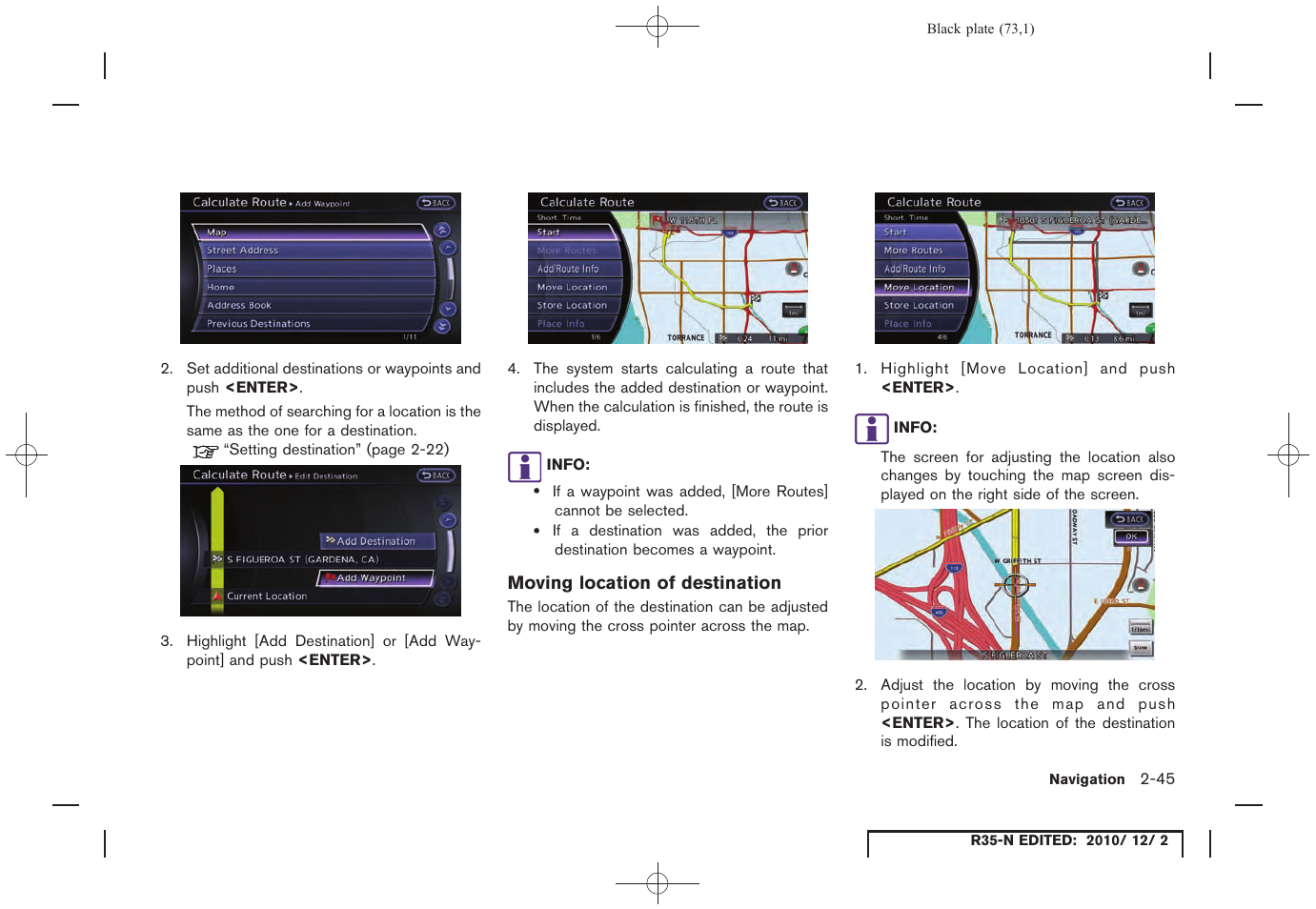 Moving location of destination | NISSAN 2012 GT R - Multi Function Display Owner's Manual User Manual | Page 73 / 307