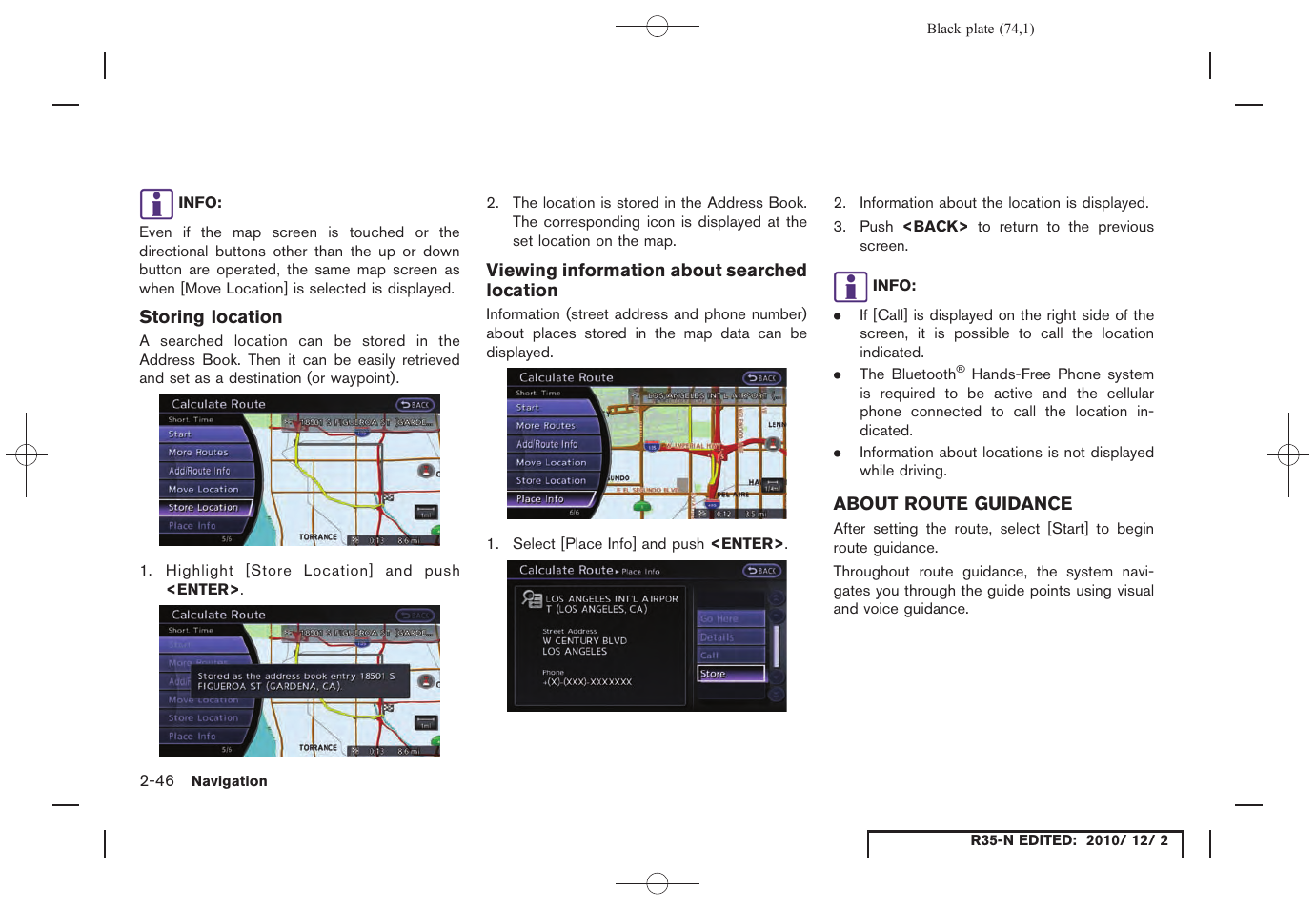 Storing location, Viewing information about searched location, About route guidance | About route guidance -46 | NISSAN 2012 GT R - Multi Function Display Owner's Manual User Manual | Page 74 / 307