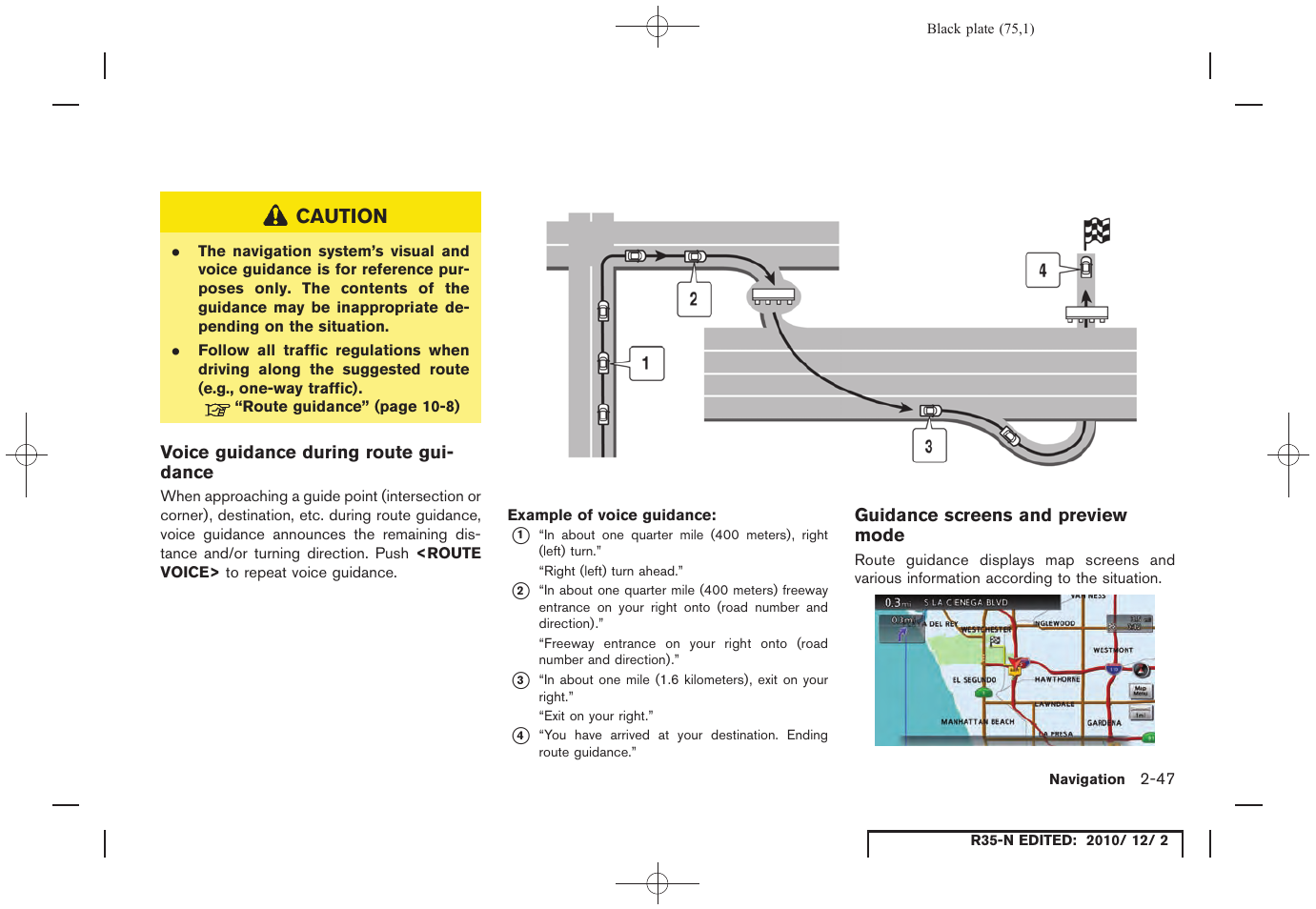 Voice guidance during route guidance, Guidance screens and preview mode | NISSAN 2012 GT R - Multi Function Display Owner's Manual User Manual | Page 75 / 307