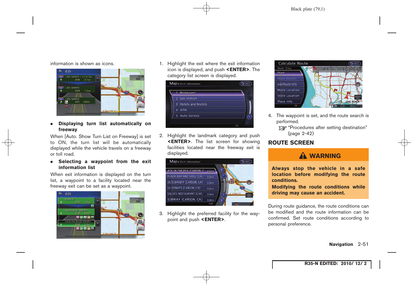 Route screen, Route screen -51 | NISSAN 2012 GT R - Multi Function Display Owner's Manual User Manual | Page 79 / 307