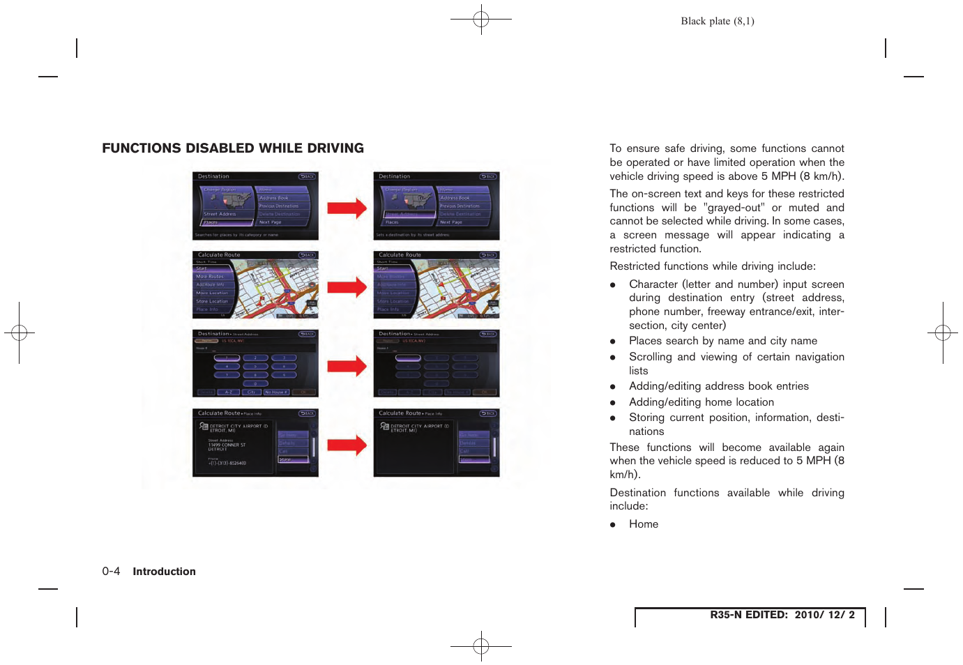 Functions disabled while driving, Functions disabled while driving -4 | NISSAN 2012 GT R - Multi Function Display Owner's Manual User Manual | Page 8 / 307