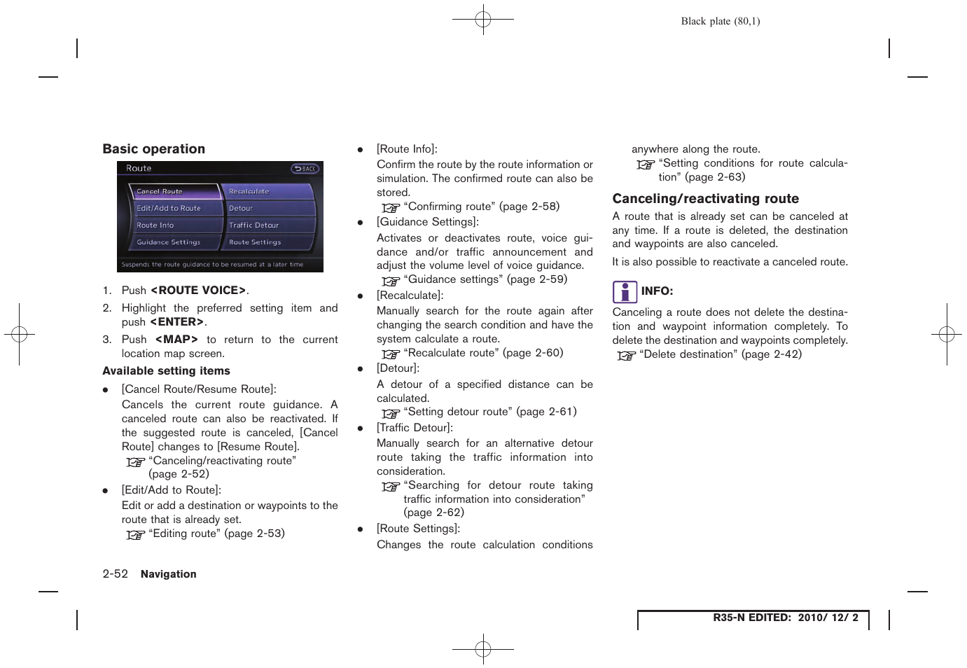Basic operation, Canceling/reactivating route | NISSAN 2012 GT R - Multi Function Display Owner's Manual User Manual | Page 80 / 307