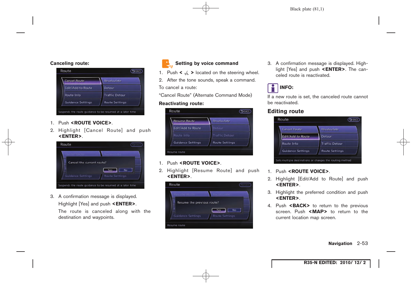 Editing route | NISSAN 2012 GT R - Multi Function Display Owner's Manual User Manual | Page 81 / 307