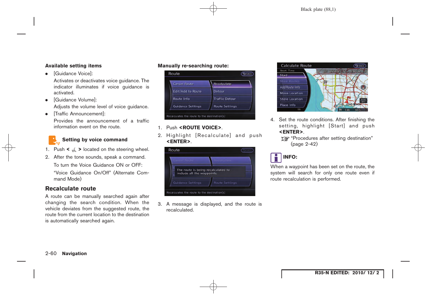 Recalculate route | NISSAN 2012 GT R - Multi Function Display Owner's Manual User Manual | Page 88 / 307