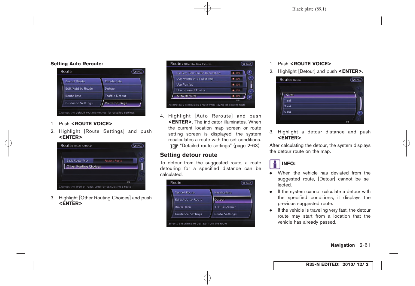 Setting detour route | NISSAN 2012 GT R - Multi Function Display Owner's Manual User Manual | Page 89 / 307