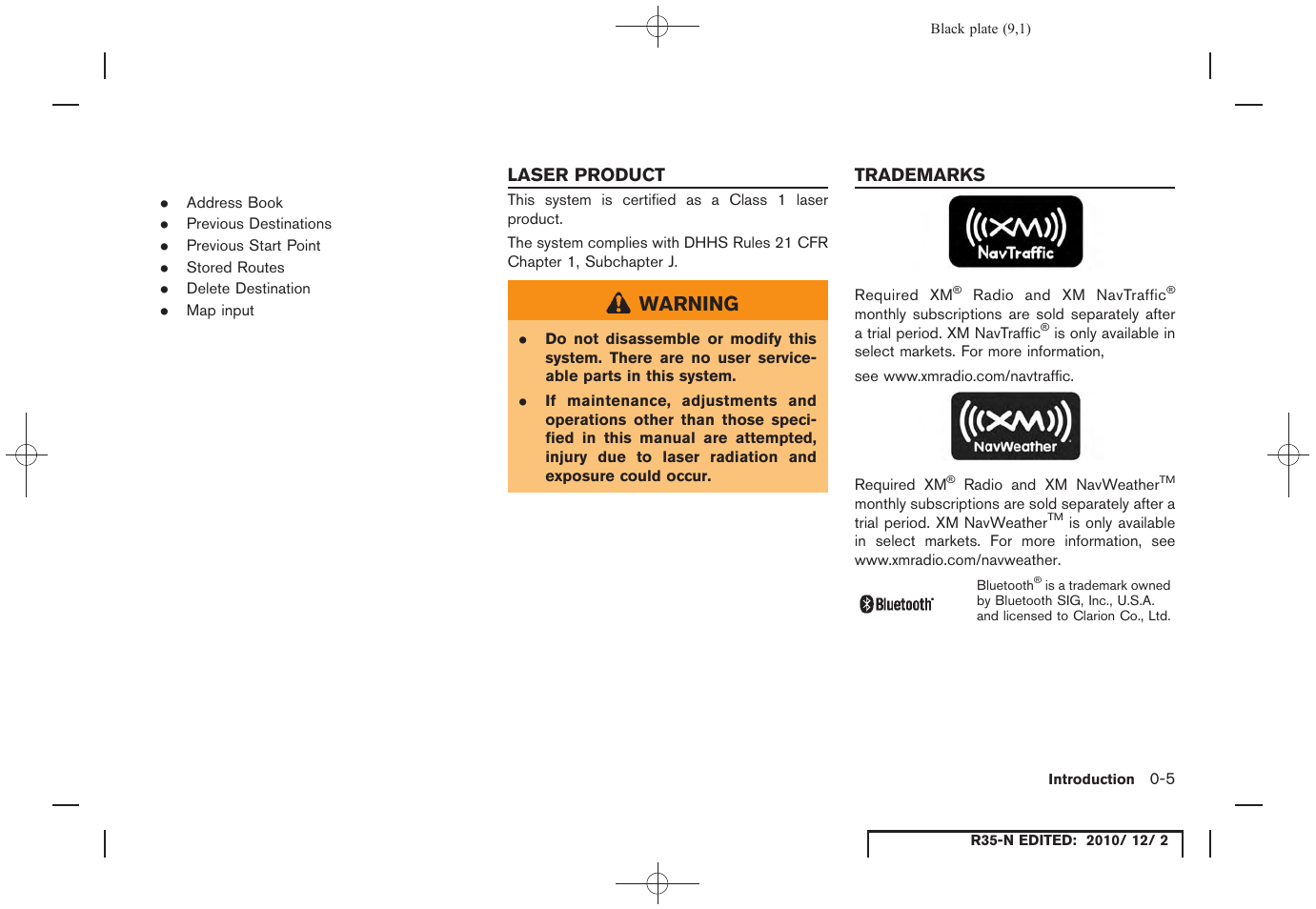 Laser product, Trademarks, Laser product -5 trademarks -5 | Warning | NISSAN 2012 GT R - Multi Function Display Owner's Manual User Manual | Page 9 / 307