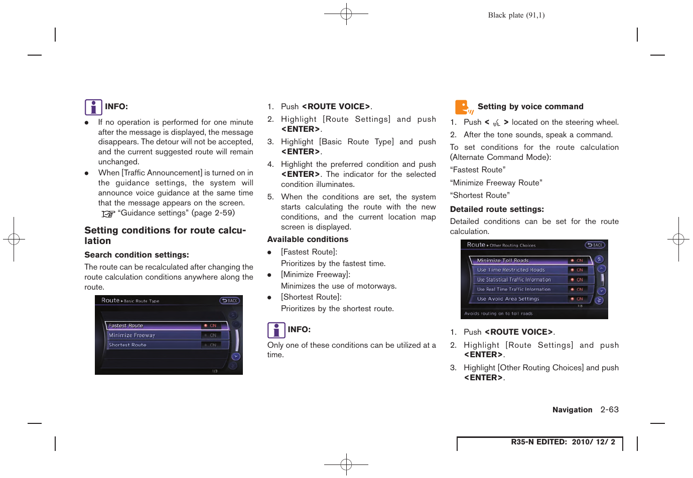 Setting conditions for route calculation | NISSAN 2012 GT R - Multi Function Display Owner's Manual User Manual | Page 91 / 307