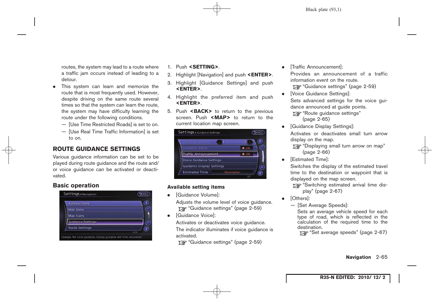 Route guidance settings, Basic operation, Route guidance settings -65 | NISSAN 2012 GT R - Multi Function Display Owner's Manual User Manual | Page 93 / 307