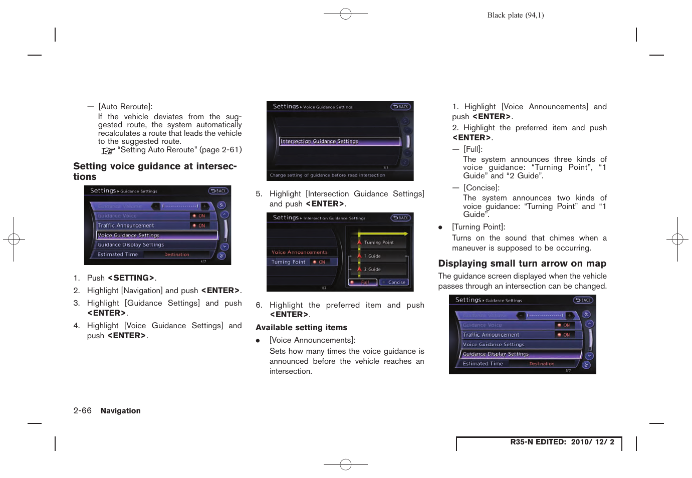 Setting voice guidance at intersections, Displaying small turn arrow on map | NISSAN 2012 GT R - Multi Function Display Owner's Manual User Manual | Page 94 / 307