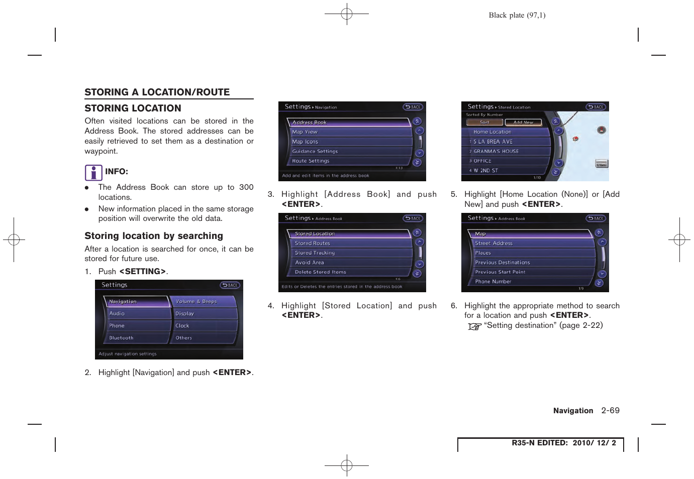 Storing a location/route, Storing location, Storing location by searching | Storing a location/route -69, Storing location -69 | NISSAN 2012 GT R - Multi Function Display Owner's Manual User Manual | Page 97 / 307