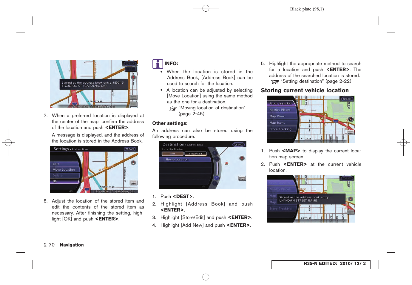 Storing current vehicle location | NISSAN 2012 GT R - Multi Function Display Owner's Manual User Manual | Page 98 / 307