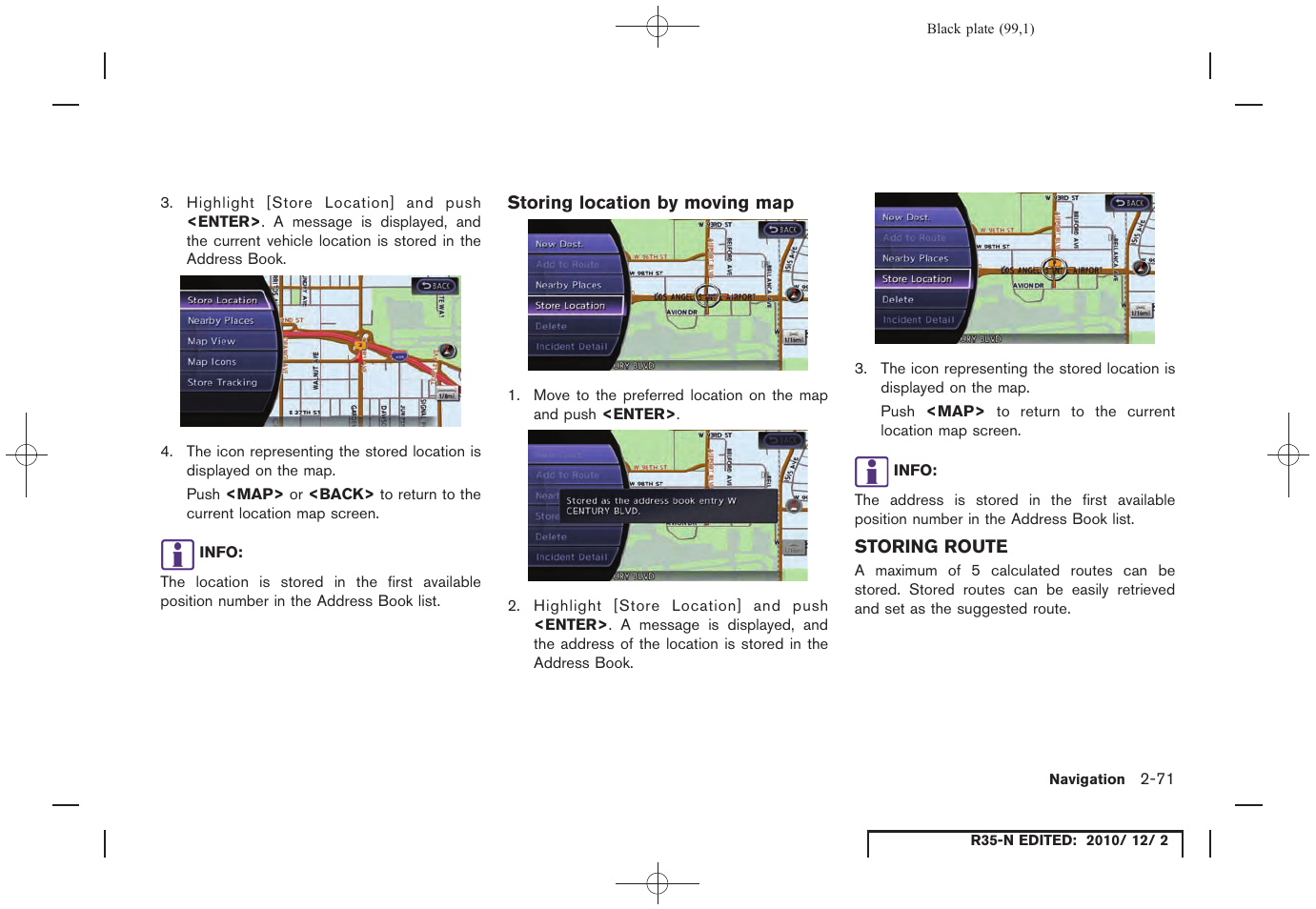 Storing location by moving map, Storing route, Storing route -71 | NISSAN 2012 GT R - Multi Function Display Owner's Manual User Manual | Page 99 / 307