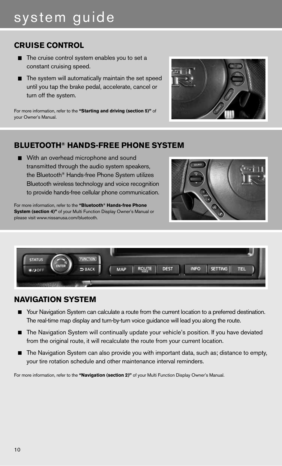 System guide, Navigation system, Bluetooth | Hands-free phone system, Cruise control | NISSAN 2012 GT R - Quick Reference Guide User Manual | Page 12 / 16