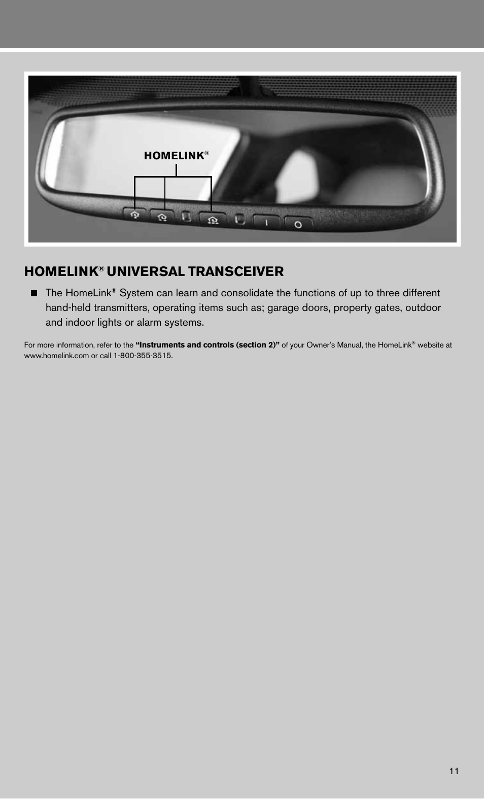Homelink, Universal transceiver | NISSAN 2012 GT R - Quick Reference Guide User Manual | Page 13 / 16