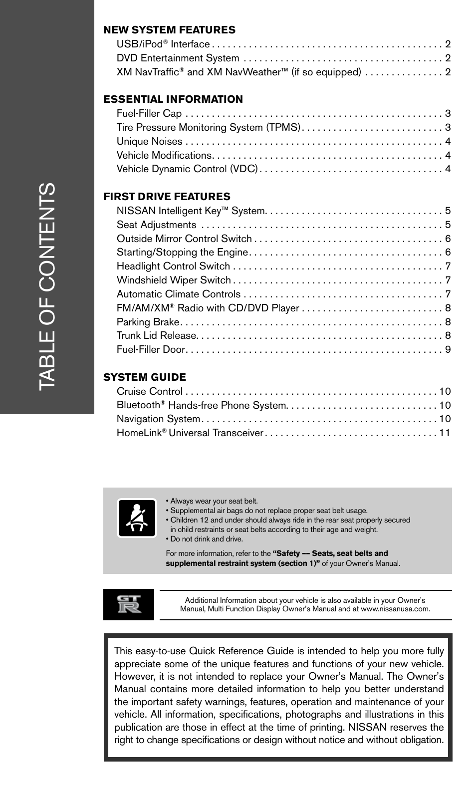 NISSAN 2012 GT R - Quick Reference Guide User Manual | Page 3 / 16