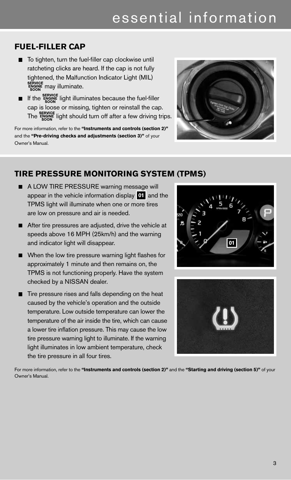 Essential information, Fuel-filler cap, Tire pressure monitoring system (tpms) | NISSAN 2012 GT R - Quick Reference Guide User Manual | Page 5 / 16