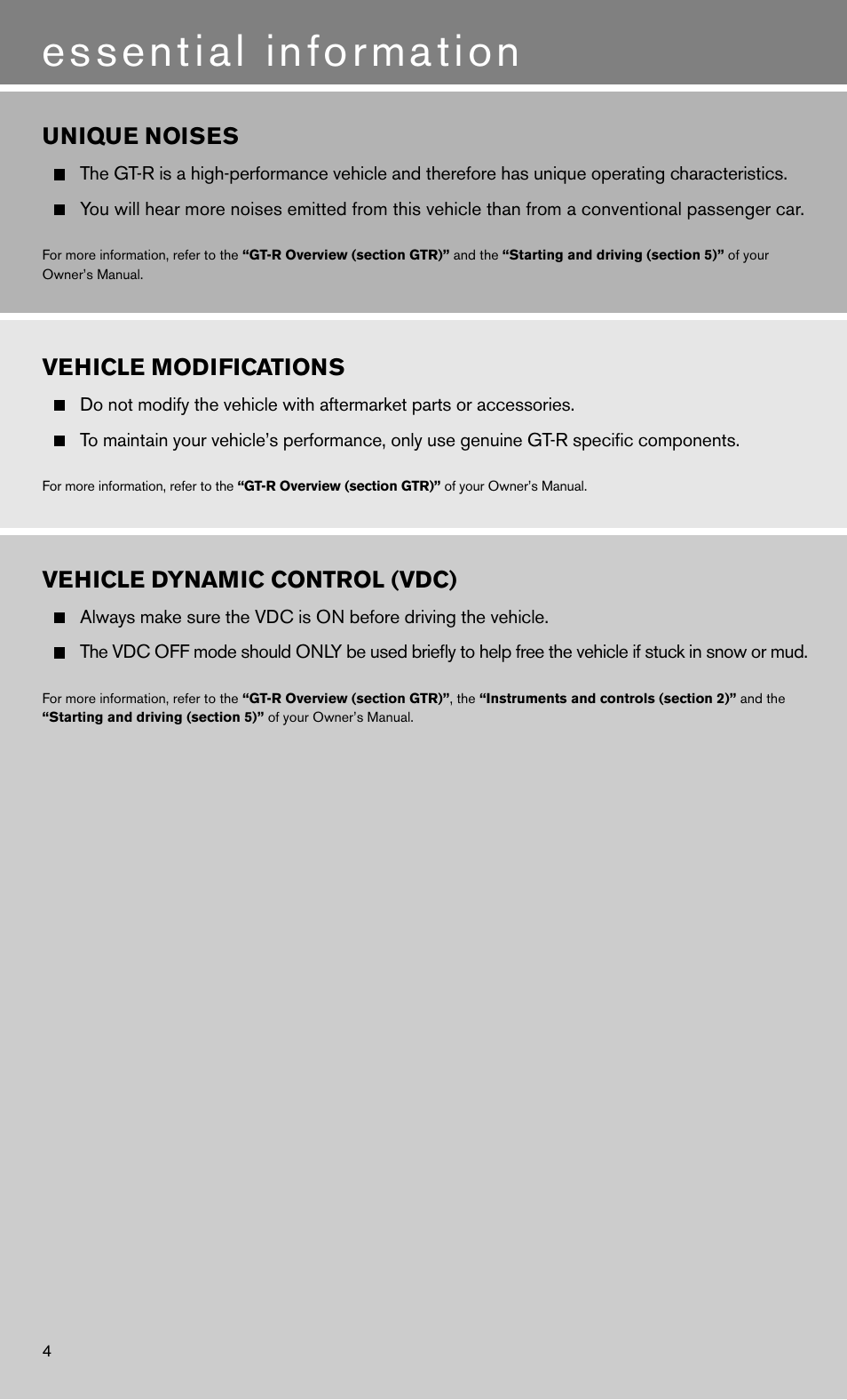 Essential information, Unique noises, Vehicle modifications | Vehicle dynamic control (vdc) | NISSAN 2012 GT R - Quick Reference Guide User Manual | Page 6 / 16