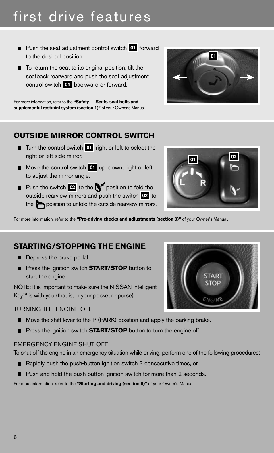 First drive features, Outside mirror control switch, Starting/stopping the engine | NISSAN 2012 GT R - Quick Reference Guide User Manual | Page 8 / 16