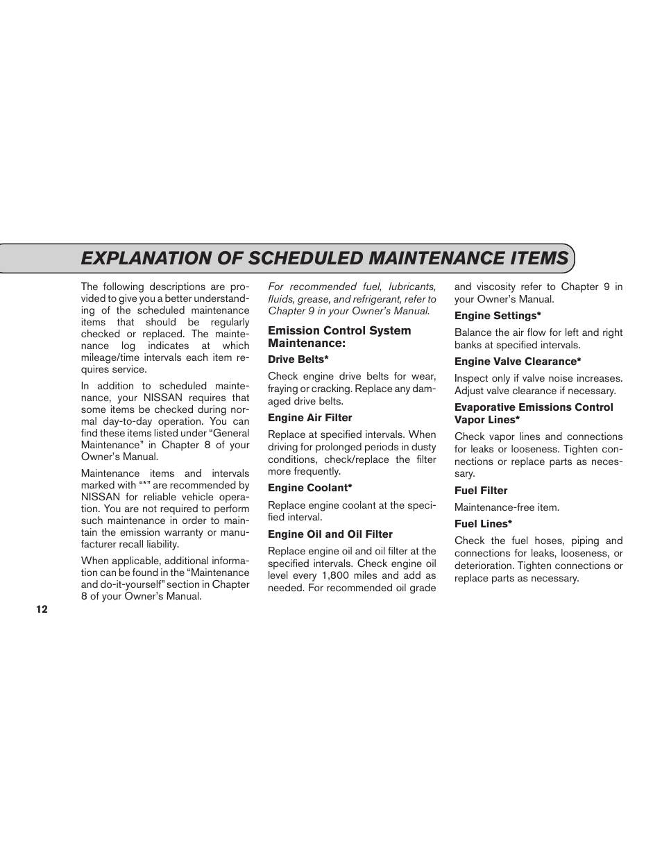 Explanation of scheduled maintenance items | NISSAN 2012 GT R - Service & Maintenance Guide User Manual | Page 14 / 60