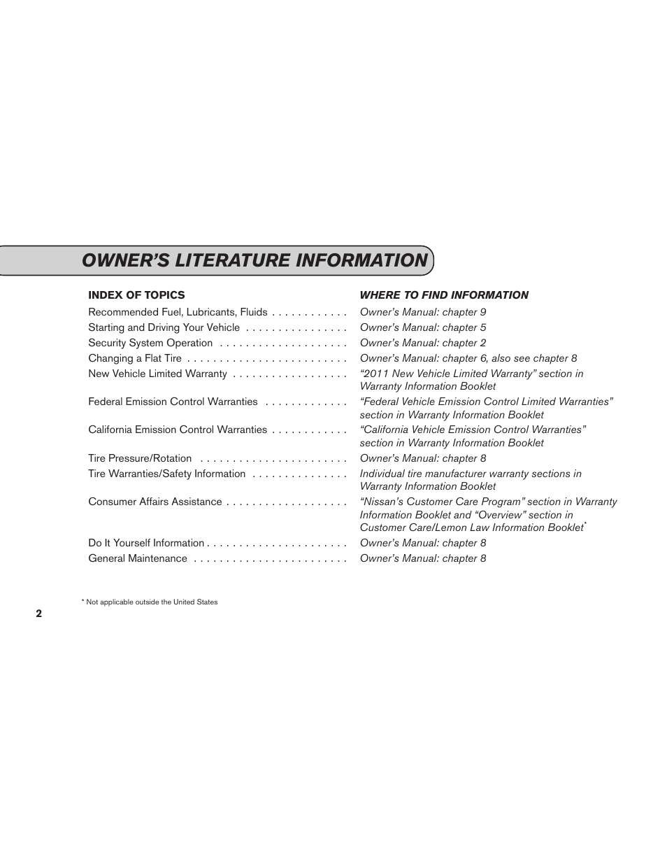 Owner’s literature information | NISSAN 2012 GT R - Service & Maintenance Guide User Manual | Page 4 / 60