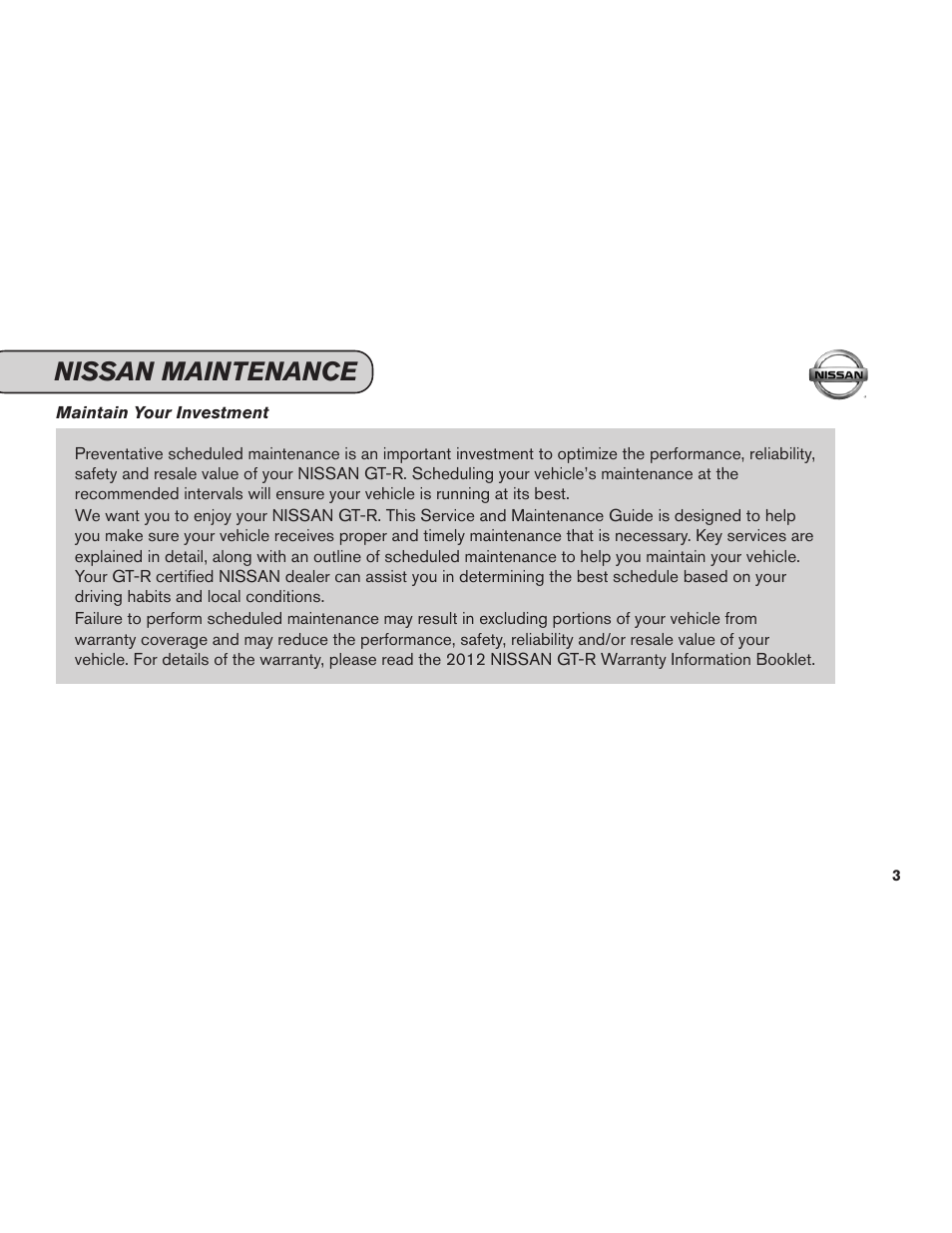 Nissan maintenance | NISSAN 2012 GT R - Service & Maintenance Guide User Manual | Page 5 / 60