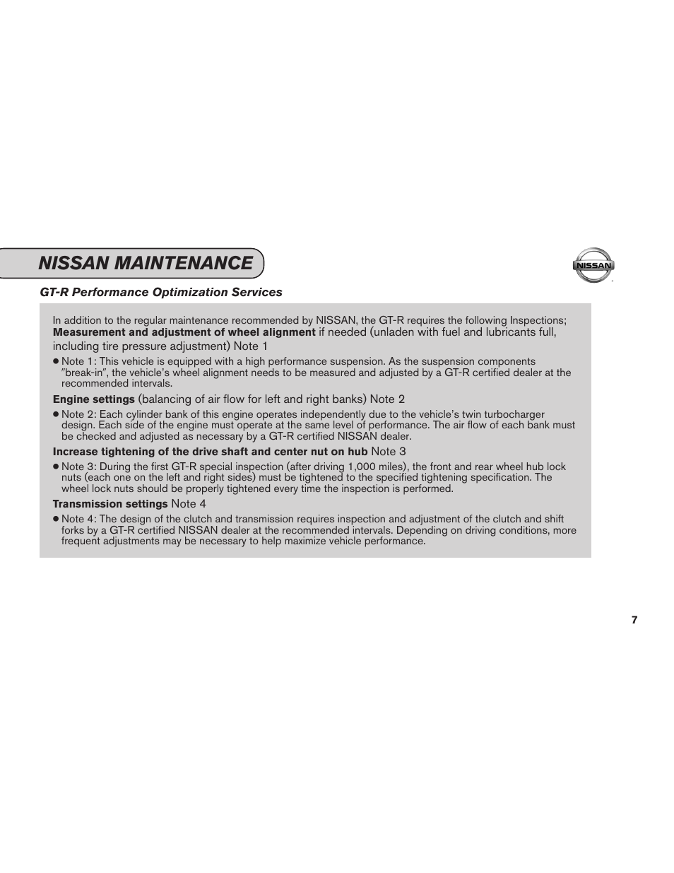 Nissan maintenance | NISSAN 2012 GT R - Service & Maintenance Guide User Manual | Page 9 / 60