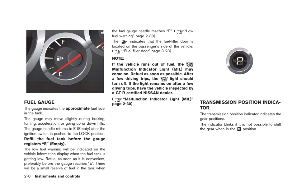 Fuel gauge -8 transmission position indicator -8 | NISSAN 2013 GT R - Owner's Manual User Manual | Page 103 / 346