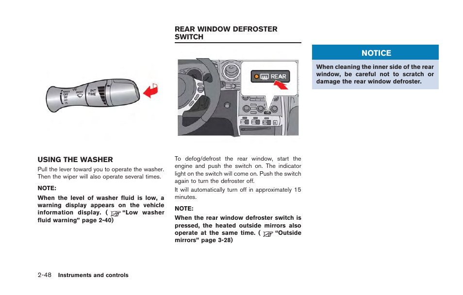 Using the washer -48, Rear window defroster switch -48, Notice | NISSAN 2013 GT R - Owner's Manual User Manual | Page 143 / 346