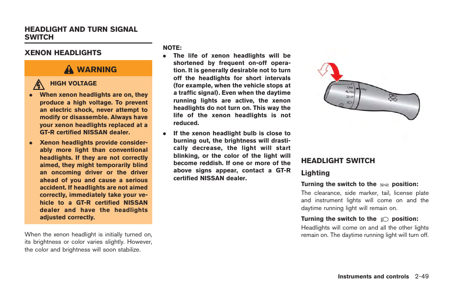 Headlight and turn signal switch -49, Xenon headlights -49 headlight switch -49, Warning | NISSAN 2013 GT R - Owner's Manual User Manual | Page 144 / 346