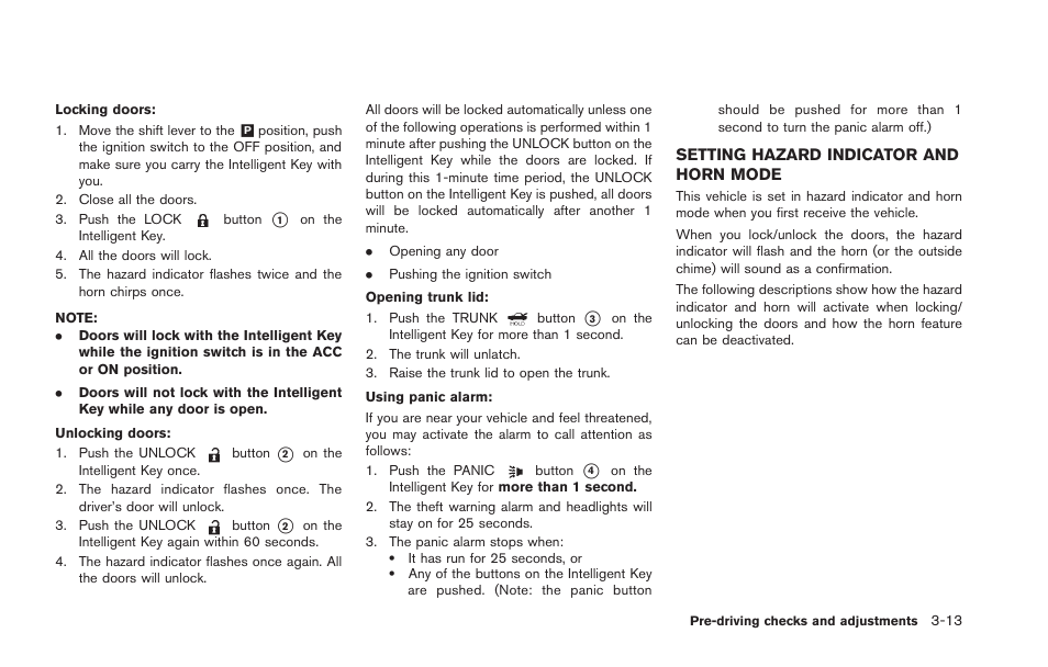 Setting hazard indicator and horn mode -13 | NISSAN 2013 GT R - Owner's Manual User Manual | Page 174 / 346