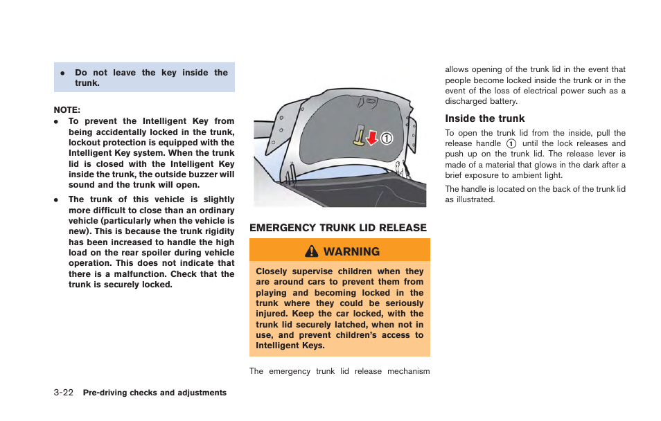 Emergency trunk lid release -22 | NISSAN 2013 GT R - Owner's Manual User Manual | Page 183 / 346