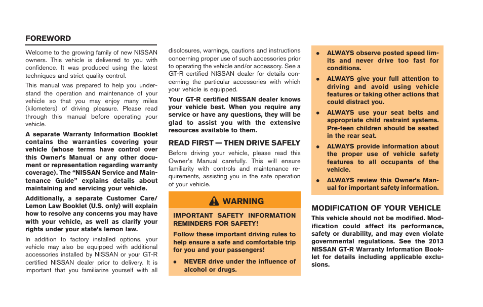 Warning | NISSAN 2013 GT R - Owner's Manual User Manual | Page 2 / 346