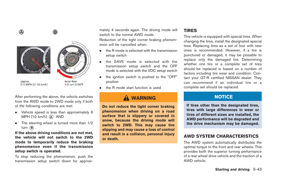 Tires -43 awd system characteristics -43 | NISSAN 2013 GT R - Owner's Manual User Manual | Page 236 / 346