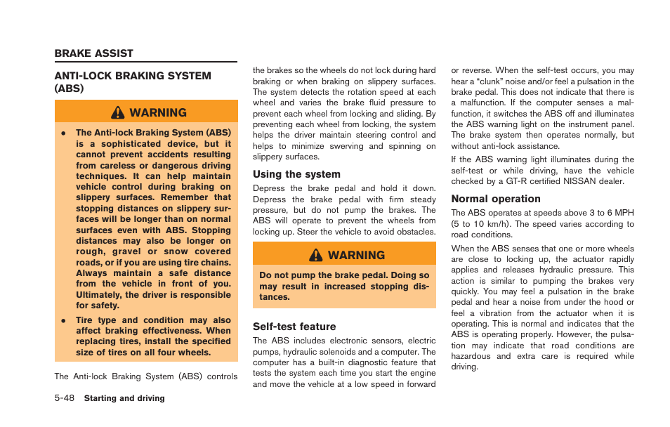 Brake assist -48, Anti-lock braking system (abs) -48 | NISSAN 2013 GT R - Owner's Manual User Manual | Page 241 / 346