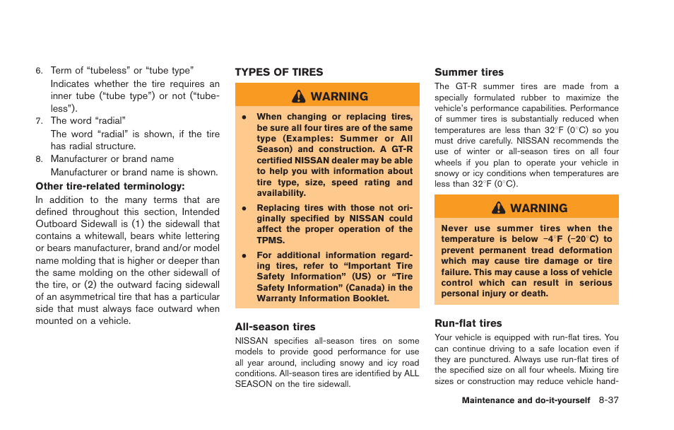 Types of tires -37 | NISSAN 2013 GT R - Owner's Manual User Manual | Page 304 / 346