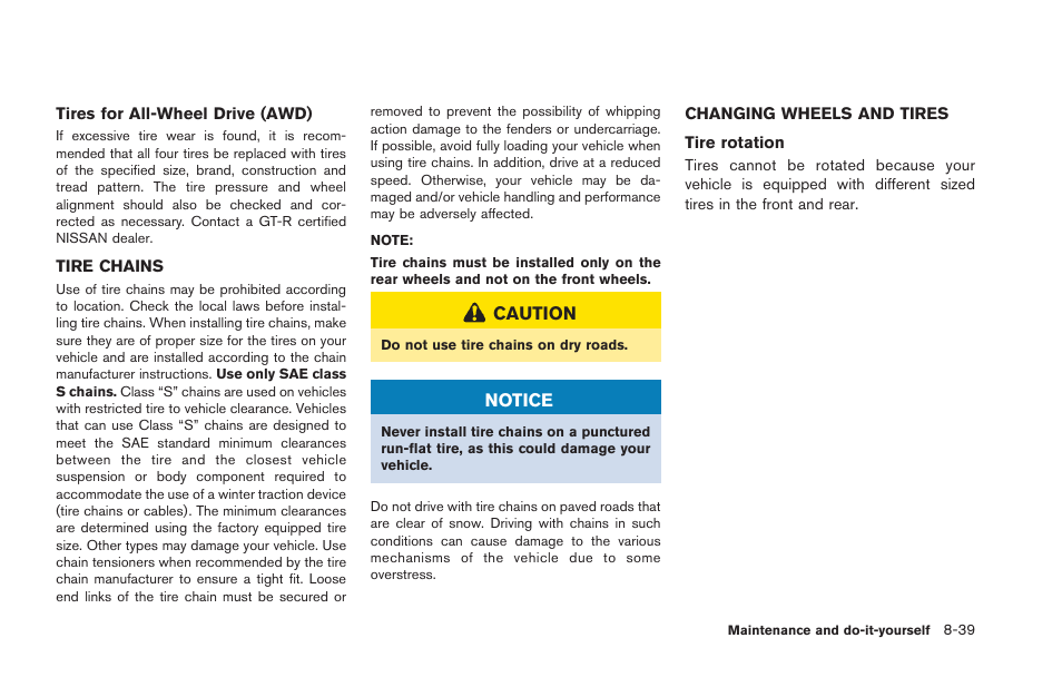 Tire chains -39, Changing wheels and tires -39 | NISSAN 2013 GT R - Owner's Manual User Manual | Page 306 / 346