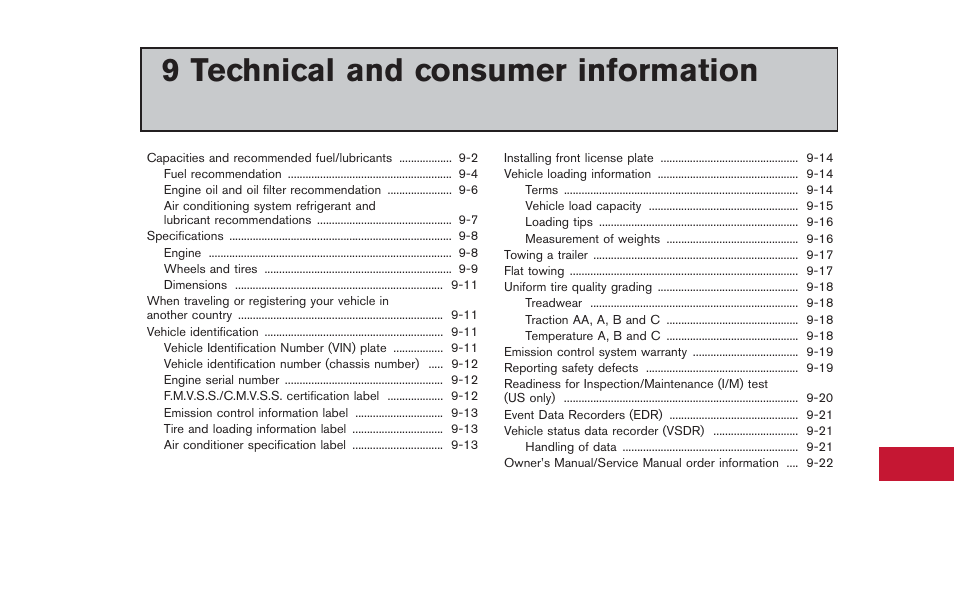 Technical and consumer information, 9 technical and consumer information | NISSAN 2013 GT R - Owner's Manual User Manual | Page 314 / 346