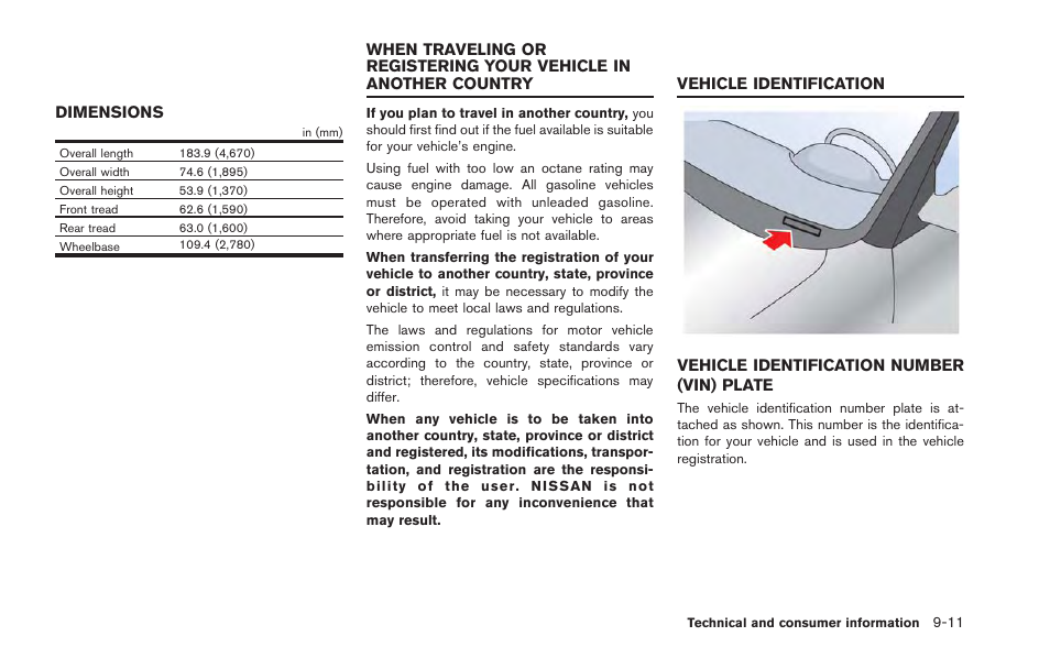 Dimensions -11, Vehicle identification number (vin) plate -11 | NISSAN 2013 GT R - Owner's Manual User Manual | Page 324 / 346