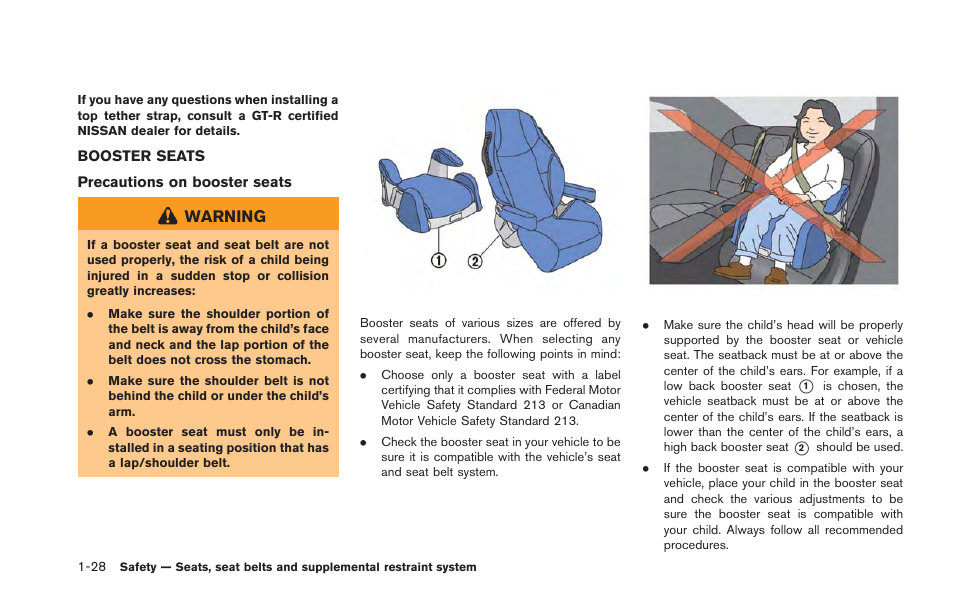 Booster seats -28, Warning | NISSAN 2013 GT R - Owner's Manual User Manual | Page 77 / 346