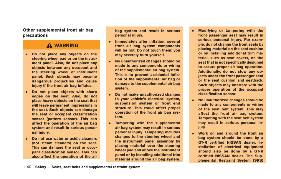 Warning | NISSAN 2013 GT R - Owner's Manual User Manual | Page 89 / 346