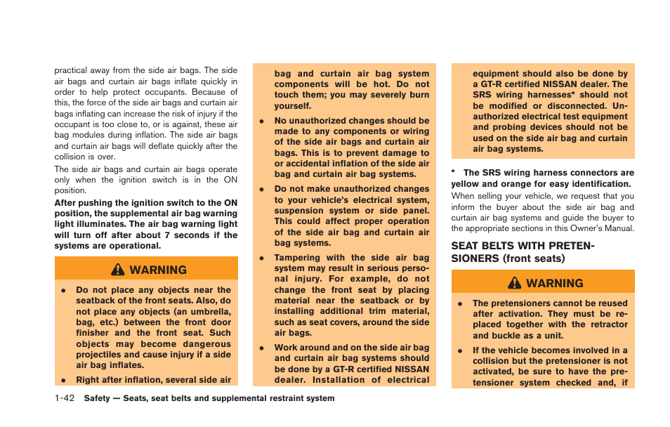 Seat belts with pretensioners (front seats) -42, Warning | NISSAN 2013 GT R - Owner's Manual User Manual | Page 91 / 346