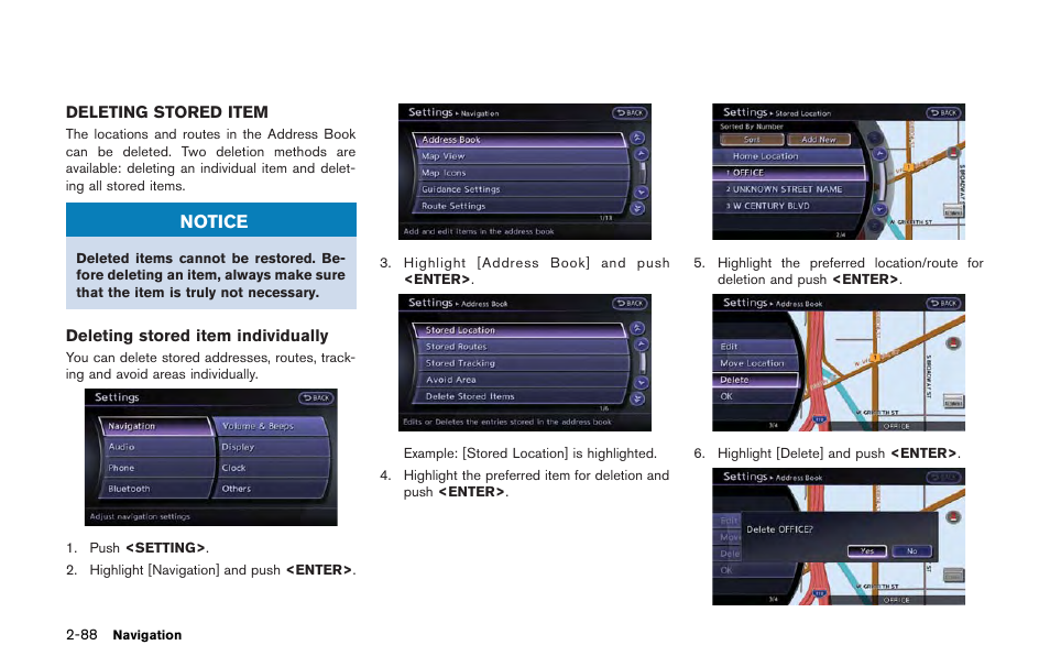 Deleting stored item -88 | NISSAN 2013 GT R - Multi Function Display Owner's Manual User Manual | Page 116 / 315