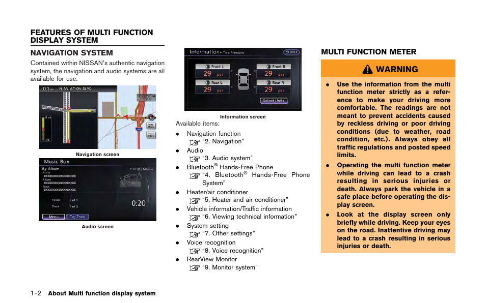 Features of multi function display system -2, Navigation system -2 multi function meter -2, Warning | NISSAN 2013 GT R - Multi Function Display Owner's Manual User Manual | Page 12 / 315