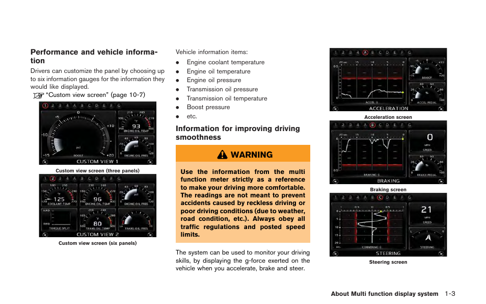Warning | NISSAN 2013 GT R - Multi Function Display Owner's Manual User Manual | Page 13 / 315