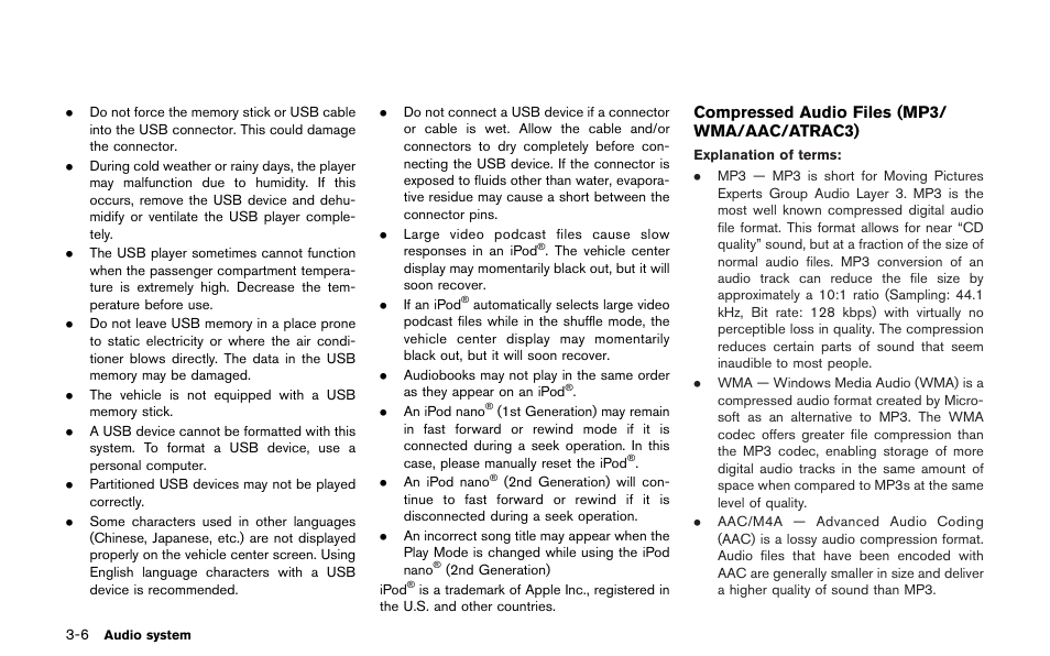 Compressed audio files (mp3/ wma/aac/atrac3) | NISSAN 2013 GT R - Multi Function Display Owner's Manual User Manual | Page 134 / 315