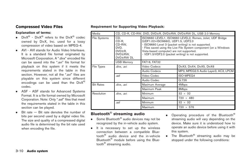 Compressed video files, Bluetooth, Streaming audio | NISSAN 2013 GT R - Multi Function Display Owner's Manual User Manual | Page 138 / 315
