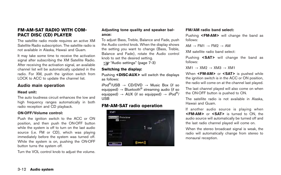 Fm-am-sat radio with compact disc (cd) player -12 | NISSAN 2013 GT R - Multi Function Display Owner's Manual User Manual | Page 140 / 315