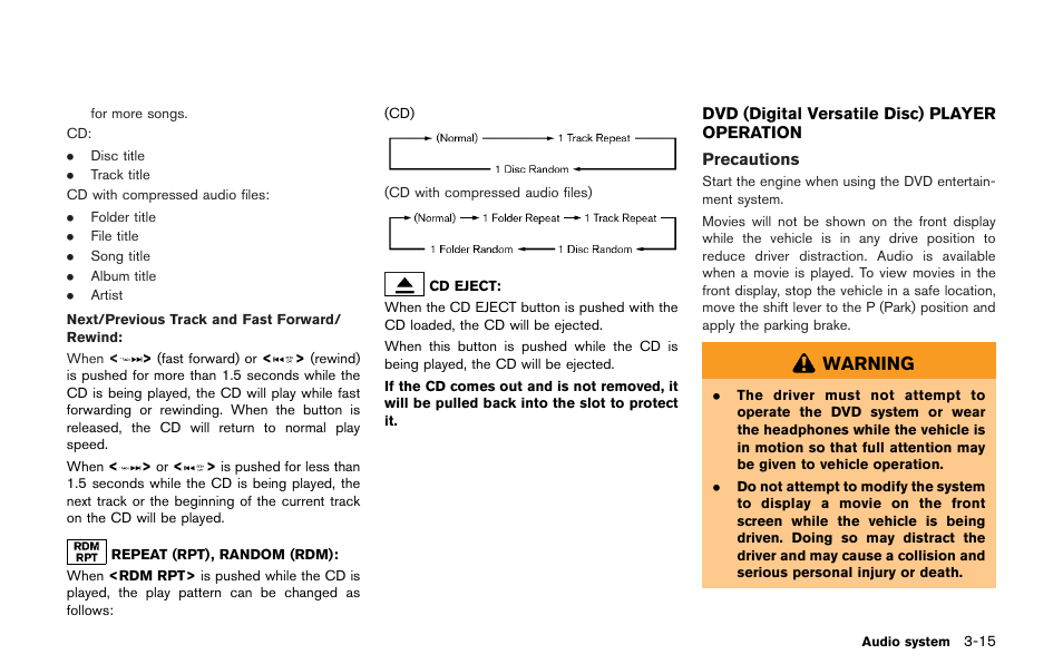 Dvd (digital versatile disc) player operation -15, Warning | NISSAN 2013 GT R - Multi Function Display Owner's Manual User Manual | Page 143 / 315